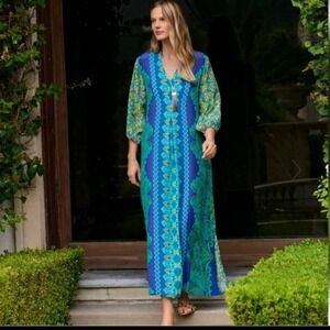 Johnny Was Diomedes Silk Maxi Dress Kahinu Kaftan Floral Paisley Womens XS Boho